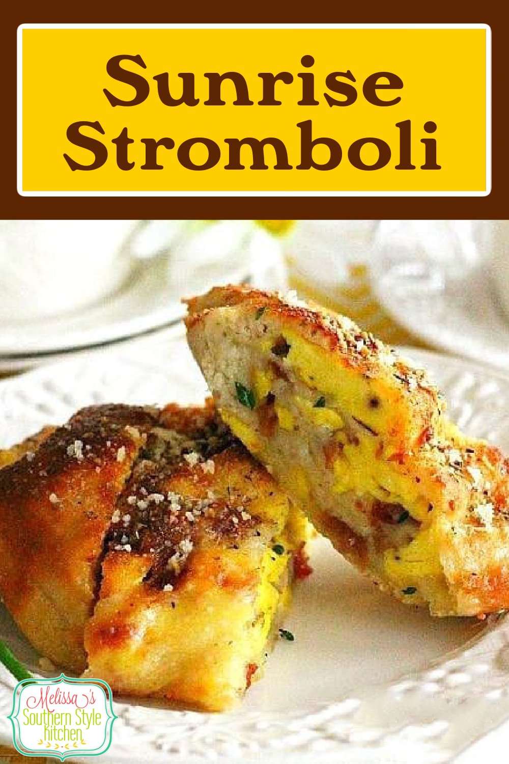 Wrap up everything you love about breakfast in pizza dough and start your day with a Sunrise Stromboli #brewakfast #brunch #eggs #stromboli #strombolirecipes #breakfaststromboli #southernrecipes #pizzadough #strombolis #baconandeggs