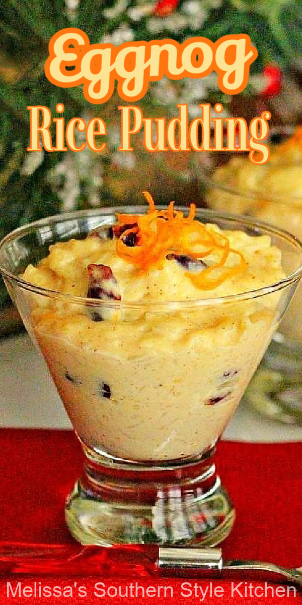 This decadent seasonal spin on rice pudding is made with a citrus infused eggnog custard and dried cranberries for texture #cranberries #ricepudding #eggnogricepudding #eggnog #ricerecipes #eggnogrecipes #desserts #Christmasrecipes #southernfood #southernrecipes #orange #dessertfoodrecipes