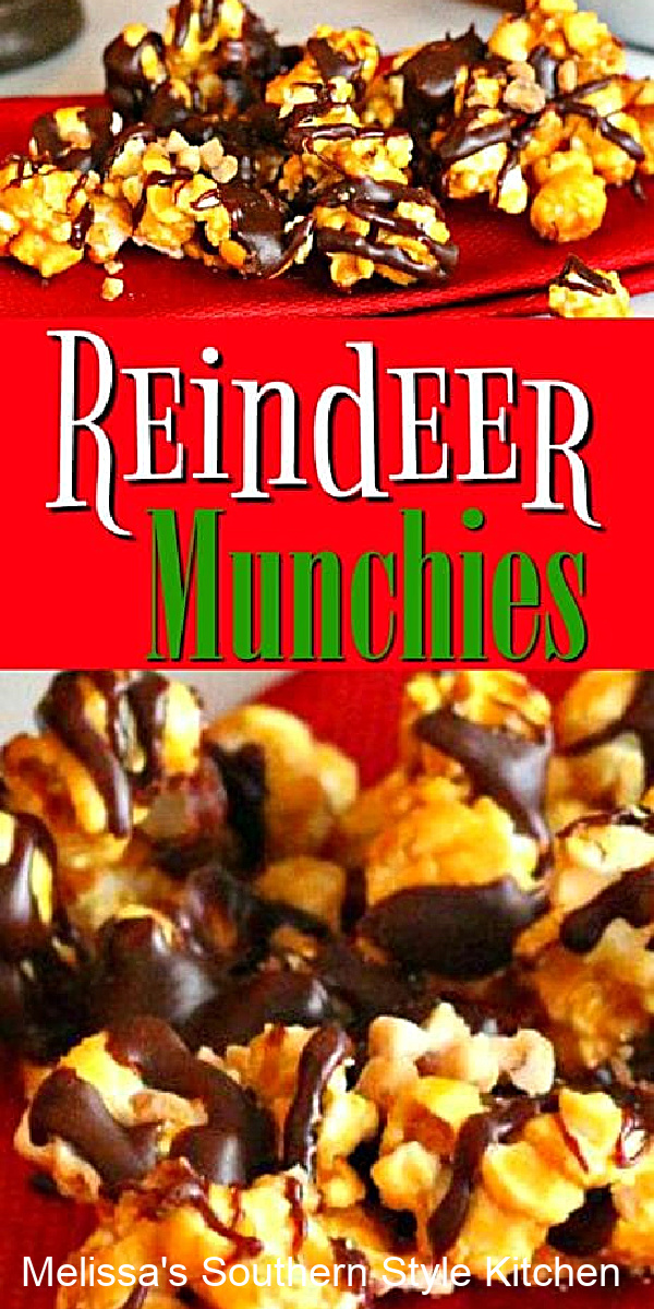 These chocolate drizzled Reindeer Munchies are popular with reindeer and kids of all ages! #caramelcorn #chocolatedrizzledpopcorn #popcornrecipes #holidayrecipes #moosemunch #caramel #sweets #desserts #dessertfoodrecipes #dessertrecipes #chocolate #homemade #southernfood #southernrecipes #christmas #christmasrecipes #melissassouthernstylekitchen