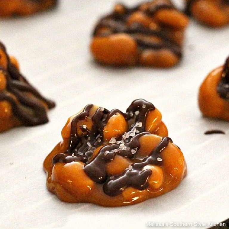 Chocolate Drizzled Caramel Cashew Clusters