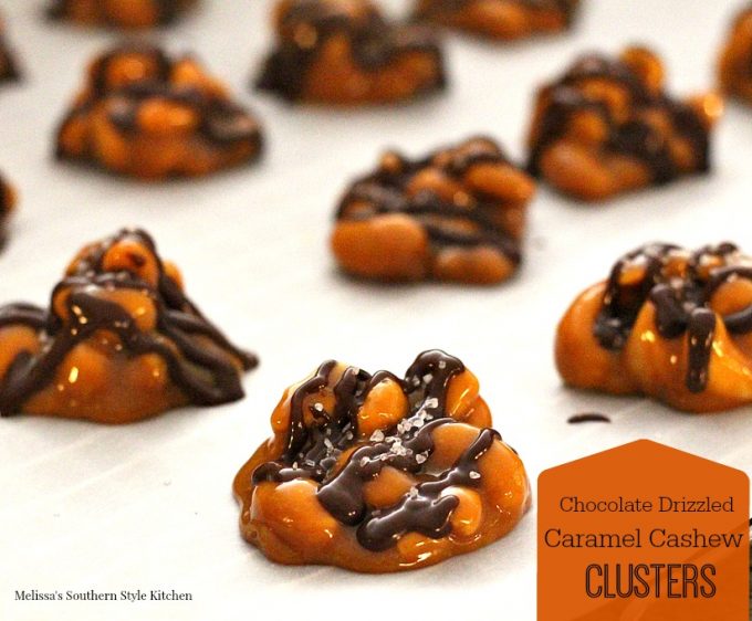 Chocolate Drizzled Caramel Cashew Clusters