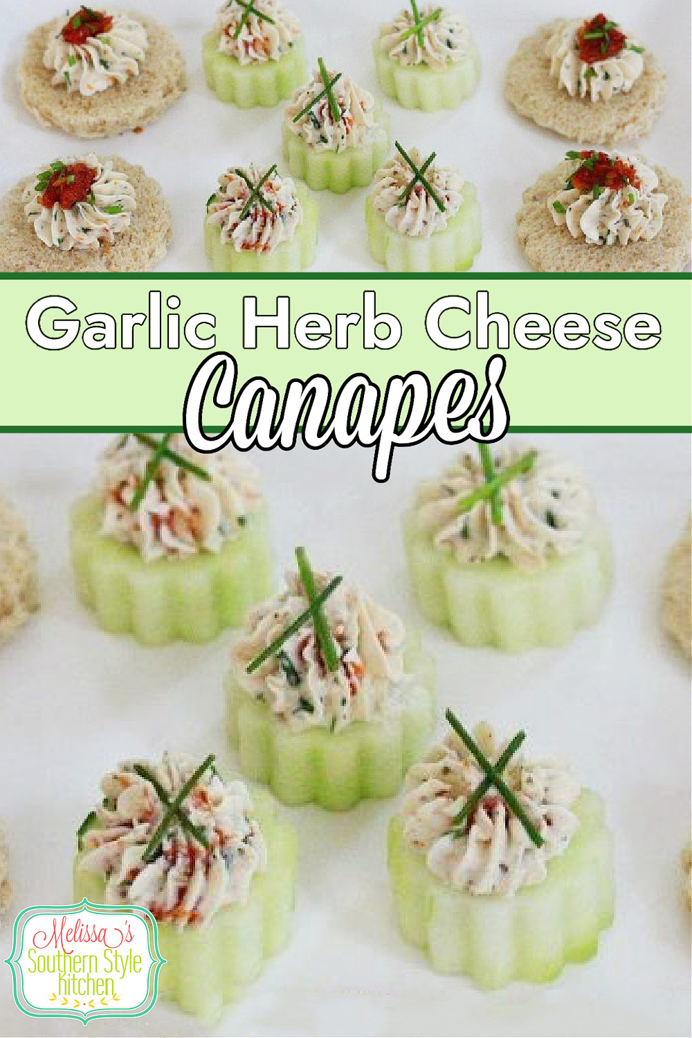 These no cook Garlic Herb Cheese Canapes with fresh Chives and sundried tomatoes are a snap to assemble and can be made low carb, too! #garlicherb #canapes #cucumberbites #lowcarbappetizers #garlicherbcheese #smallbites #southernstyle #appetizerrecipes #cucumbers via @melissasssk