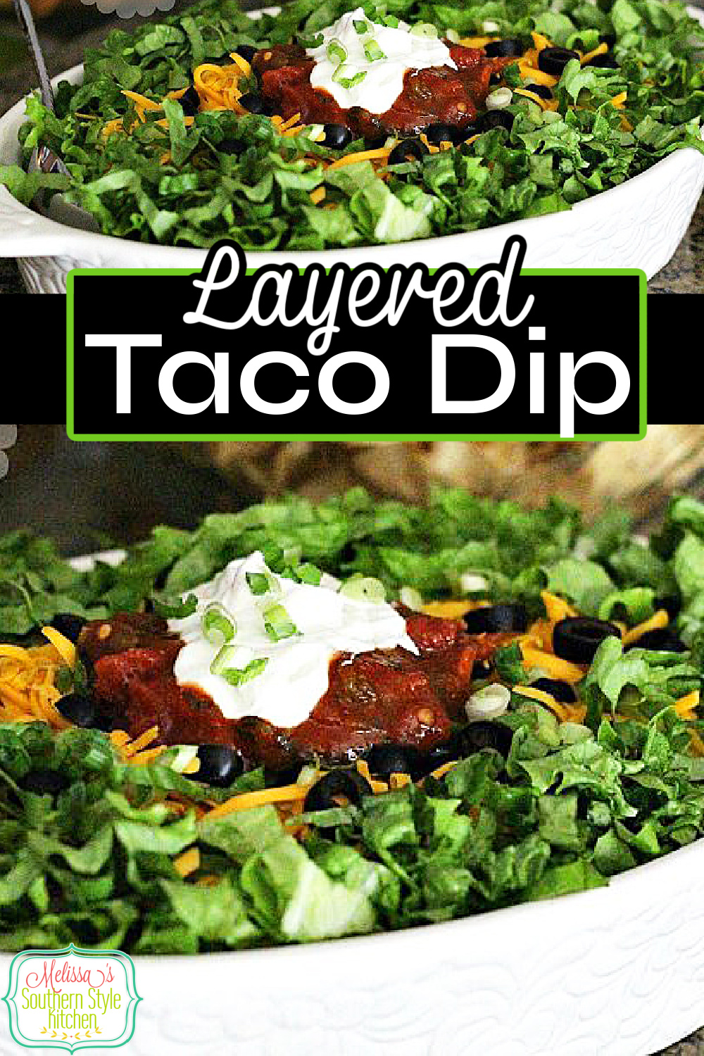 Make this festive Layered Taco Dip then grab a bag, or two, of tortilla chips and snack your way through the game this weekend #tacodip #mexicanfood #gamedayrecipes #appetizers #beandip #tacos #snacks #easytacodip #mexicandip via @melissasssk