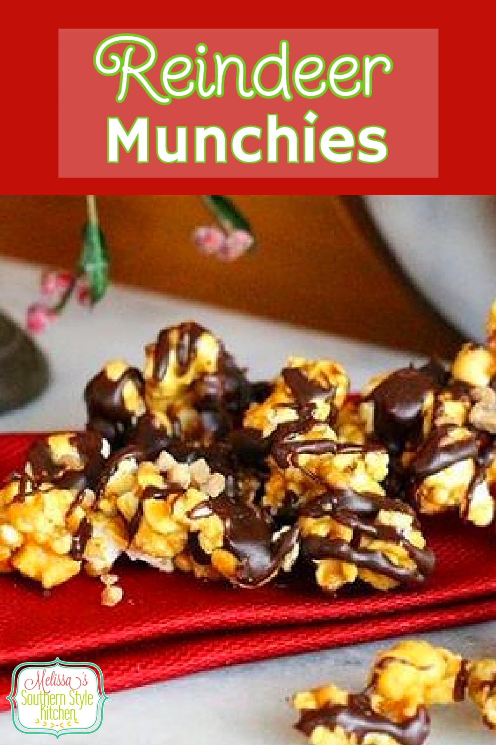 These chocolate drizzled Reindeer Munchies are popular with reindeer and kids of all ages! #caramelcorn #chocolatedrizzledpopcorn #popcornrecipes #holidayrecipes #moosemunch #caramel #sweets #desserts #dessertfoodrecipes #dessertrecipes #chocolate #homemade #southernfood #southernrecipes #christmas #christmasrecipes #melissassouthernstylekitchen