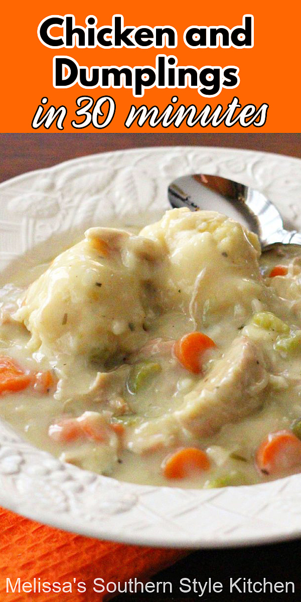 You can have this comforting Stovetop Chicken and Dumplings ready to eat in 30 minutes #chickenanddumplings #chicken #easychickenrecipes #dumplings #30minutemeals #dinner #dinnerideas #southernfood #southernrecipes #chuckendumplings