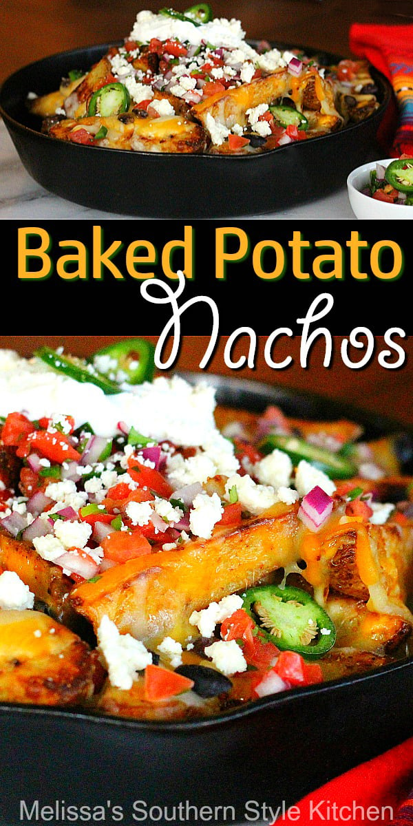 Add these Baked Potato Nachos to your game day eats #potatoes #bakedpotatoes #nachos #bestnachorecipes #potatonachos #potatowedges #sidedishrecipes #appetizers #southernrecipes #southernfood