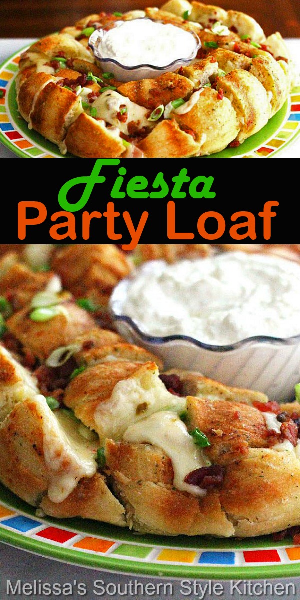 Get the party started with this cheesy perfectly seasoned pull apart Fiesta Party Loaf bread #fiestalolaf #breadrecipes #bacon #bread #fiesta #partyfood #pullapartbread #appetizers #sidedishrecipes #dinnerideas #dinner #breadrecipes #tailgaiting #southernfood #southernrecipes