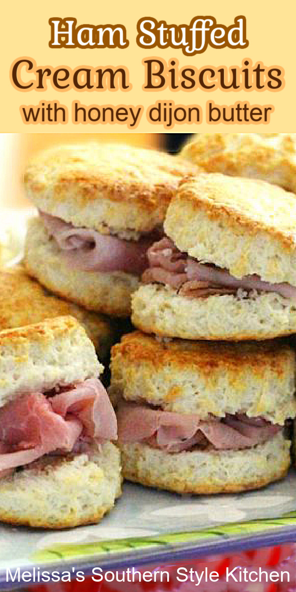 Slather these Ham Stuffed Cream Biscuits with Honey Dijon Butter and enjoy for brunch, breakfast or as a small bite appetizer #hambiscuits #southernbiscuits #biscuitrecipes #southernrecipes #brunchrecipes #breakfastrecipes #buttermilkbiscuits  
