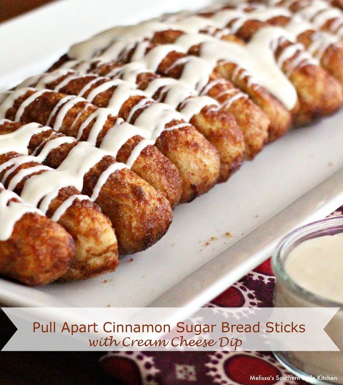 Pull Apart Cinnamon Sugar Bread Sticks with Cream Cheese Dip