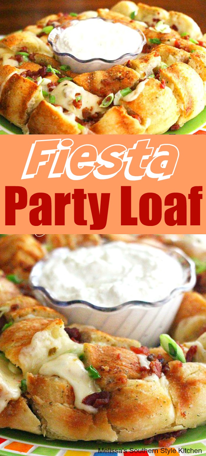 Get the party started with this cheesy perfectly seasoned pull apart Fiesta Party Loaf bread #fiestalolaf #breadrecipes #bacon #bread #fiesta #partyfood #pullapartbread #appetizers #sidedishrecipes #dinnerideas #dinner #breadrecipes #tailgaiting #southernfood #southernrecipes