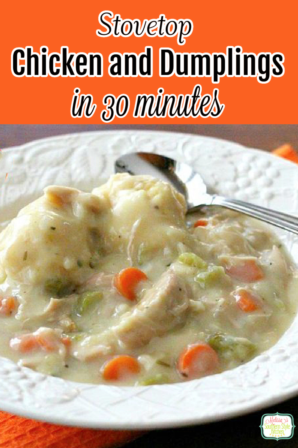 You can have this comforting Stovetop Chicken and Dumplings ready to eat in 30 minutes #chickenanddumplings #chicken #easychickenrecipes #dumplings #30minutemeals #dinner #dinnerideas #southernfood #southernrecipes #chuckendumplings