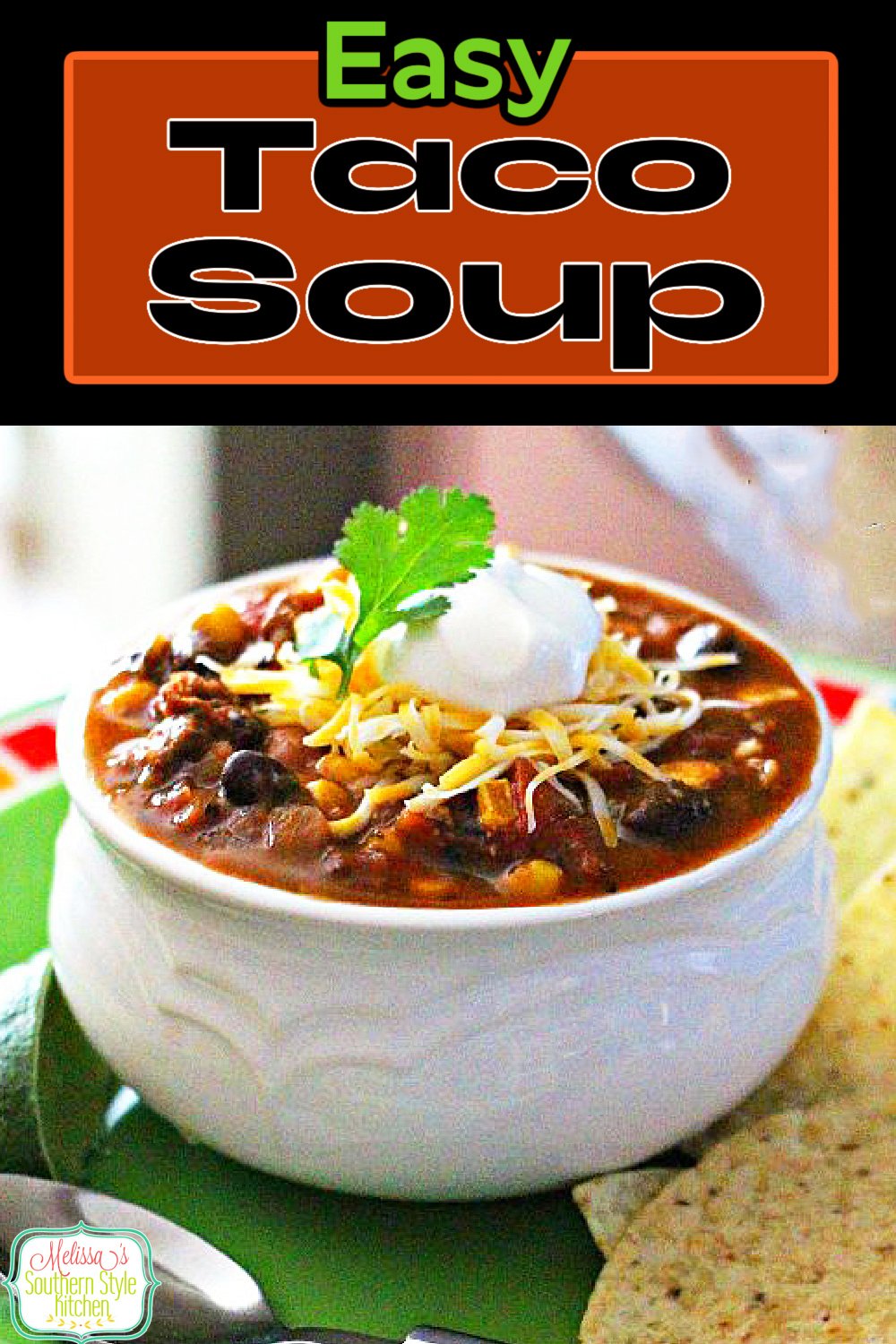 The family will love this stovetop Taco Soup for dinner any day of the week #tacosoup #tacos #souprecipes #easytacosouprecipe #dinner #dinnerideas #southernfood #southernrecipes #easygroundbeefrecipes #30minutemeals via @melissasssk