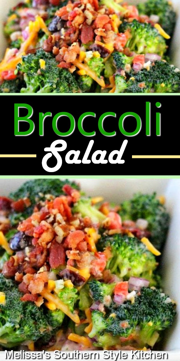 Filled with bacon, cheese and pecans this Broccoli Salad makes the perfect side dish for any meal #broccolisalad #broccolirecipes #bacon #salads #picnicfood #saladrecipes #broccolirecipes #sidedishrecies #dinnerideas #southernfood #southernrecipes