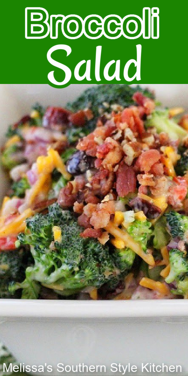 Filled with bacon, cheese and pecans this Broccoli Salad makes the perfect side dish for any meal #broccolisalad #broccolirecipes #bacon #salads #picnicfood #saladrecipes #broccolirecipes #sidedishrecies #dinnerideas #southernfood #southernrecipes