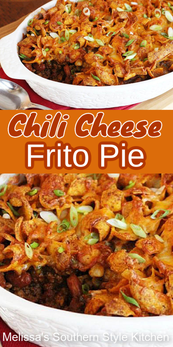 Enjoy this Chili Cheese Frito Pie topped with a dollop of sour cream and sprinkling of green onions #fritopie #chilicheesefritopie #fritos #chili #easygroundbeefrecipes #dinner #beef #hamburger #dinnerrecipes #southernfood #southernrecipes