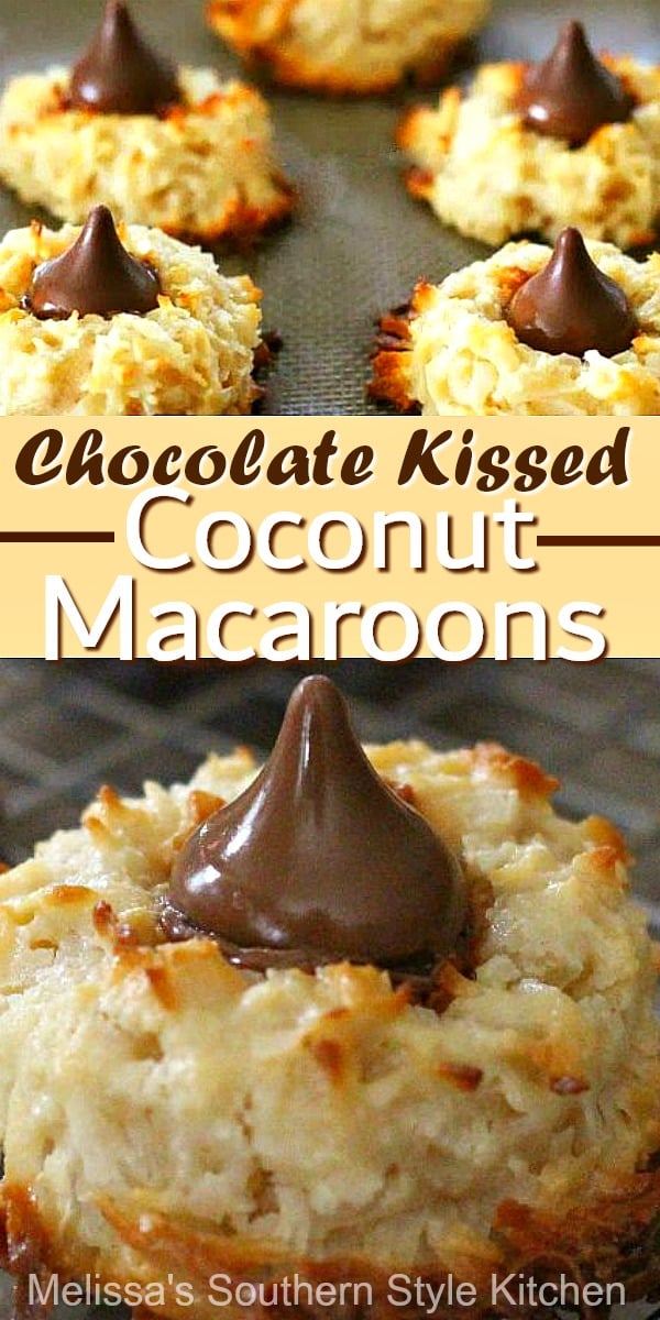 Cookie lovers will swoon for these Chocolate Kissed Coconut Macaroons #coconutmacaroons #thumbprintcookies #macaroons #coconut #cookierecipes #cookies #hersheyskisses #baking #desserts #dessertfoodrecipes #holidaybaking #christmascookies #easterdesserts #cookieswap #southernfood #southernrecipes
