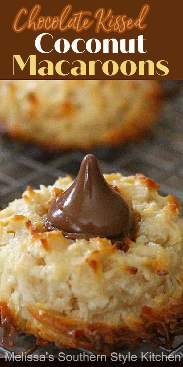 Cookie lovers will swoon for these Chocolate Kissed Coconut Macaroons #coconutmacaroons #thumbprintcookies #macaroons #coconut #cookierecipes #cookies #hersheyskisses #baking #desserts #dessertfoodrecipes #holidaybaking #christmascookies #easterdesserts #cookieswap #southernfood #southernrecipes
