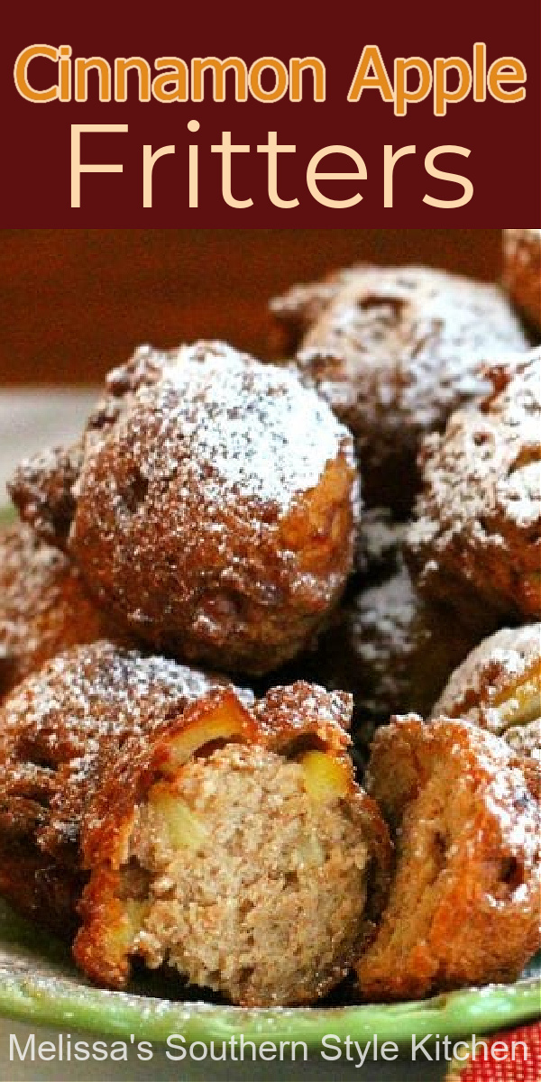 Treat the family to these golden Cinnamon apple Fritters dusted with powdered sugar for breakfast, brunch or dessert #applefritters #appledesserts #apples #fritters @appledonuts #southernrecipes #brunch #desserts #dessertfoodrecipes via @melissasssk