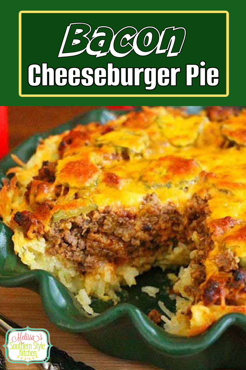 This mouthwatering Bacon Cheeseburger Pie is a riff on classic cheeseburgers that's budget friendly and simple to make #cheeseburgers #bacon #baconcheeseburgers #cheeseburgerpie #cheeseburgerrecipes #beef #easygroundbeefrecipes #hashbrowns #savorypies #easydinnerrecipes #groundbeefrecipes #southernstyle