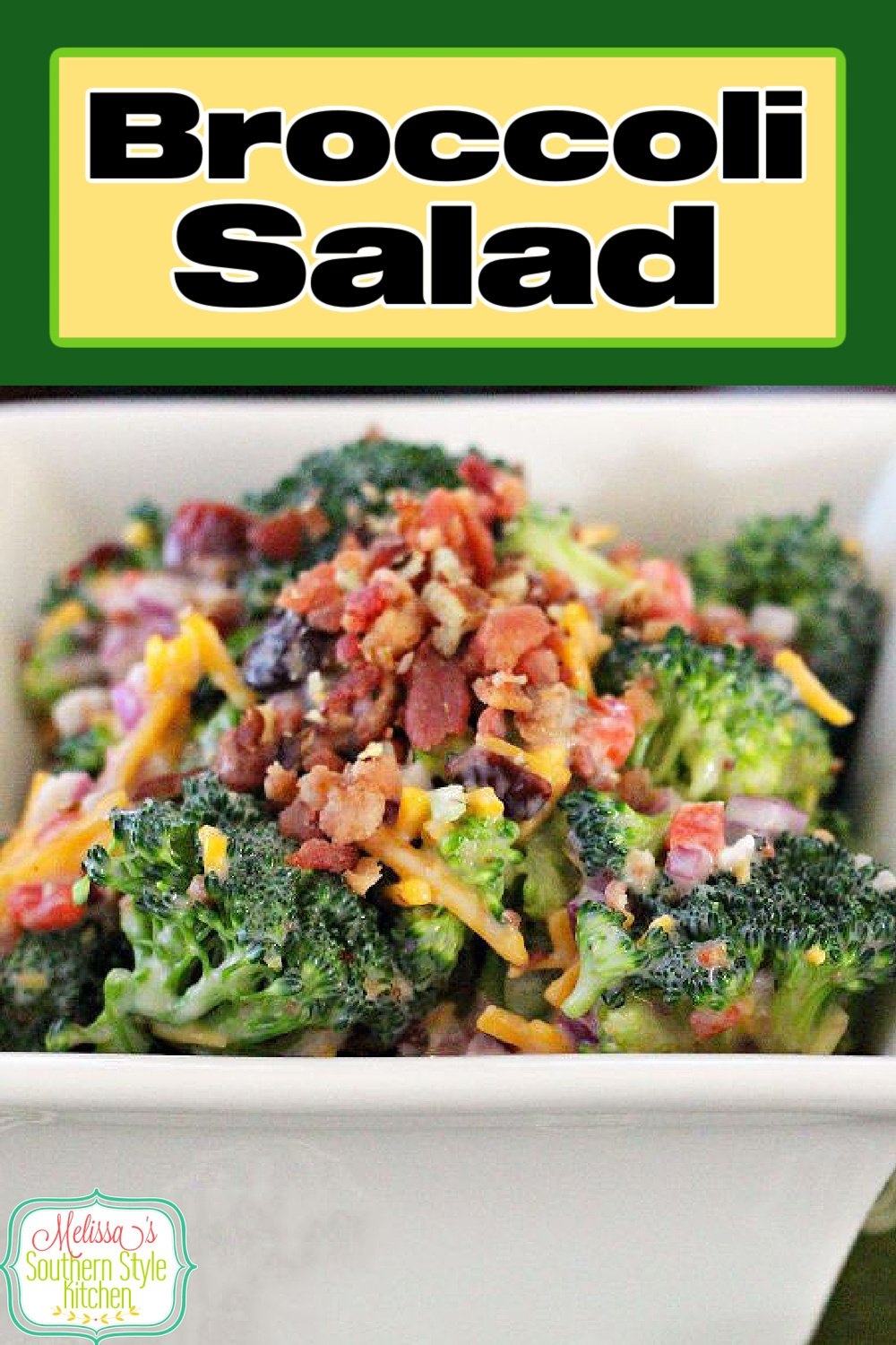 This Broccoli Salad recipe is filled with bacon, cheddar cheese and toasted pecans for the perfect side dish for any meal #broccolisalad #broccolirecipes #bacon #salads #picnicfood #saladrecipes #broccolirecipes #sidedishrecies #dinnerideas #southernfood #southernrecipes via @melissasssk