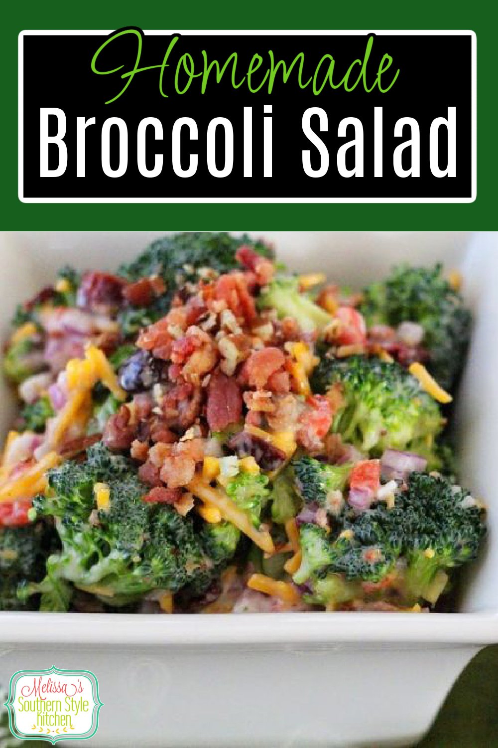 This Broccoli Salad recipe is filled with bacon, cheddar cheese and toasted pecans for the perfect side dish for any meal #broccolisalad #broccolirecipes #bacon #salads #picnicfood #saladrecipes #broccolirecipes #sidedishrecies #dinnerideas #southernfood #southernrecipes