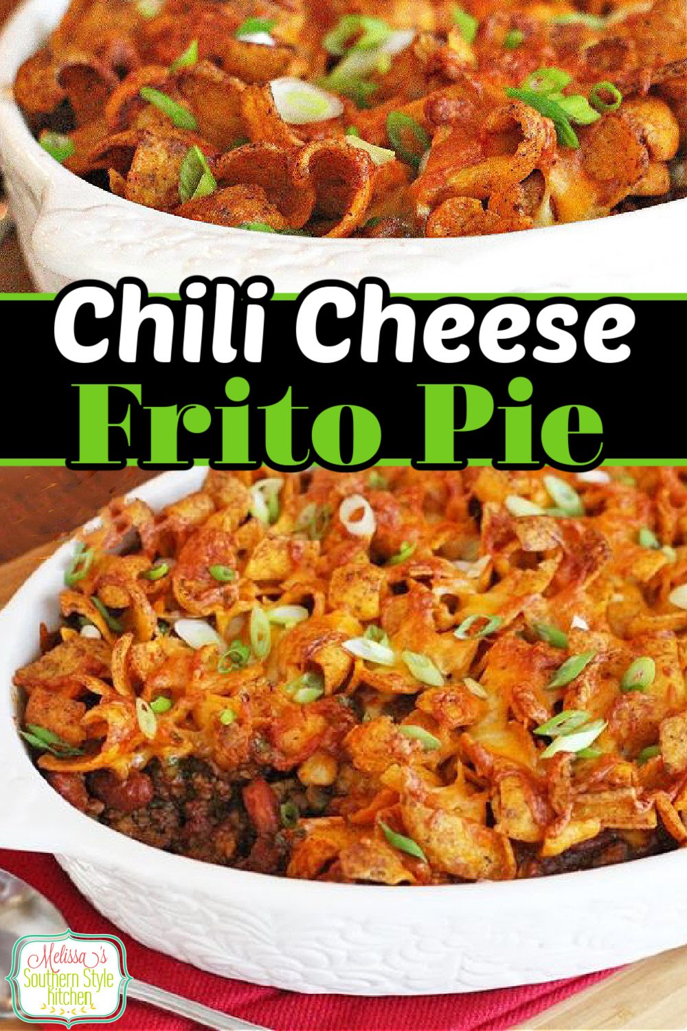 Enjoy this Chili Cheese Frito Pie topped with a dollop of sour cream and sprinkling of green onions #fritopie #chilicheesefritopie #fritos #chili #easygroundbeefrecipes #dinner #beef #hamburger #dinnerrecipes #southernfood #southernrecipes via @melissasssk