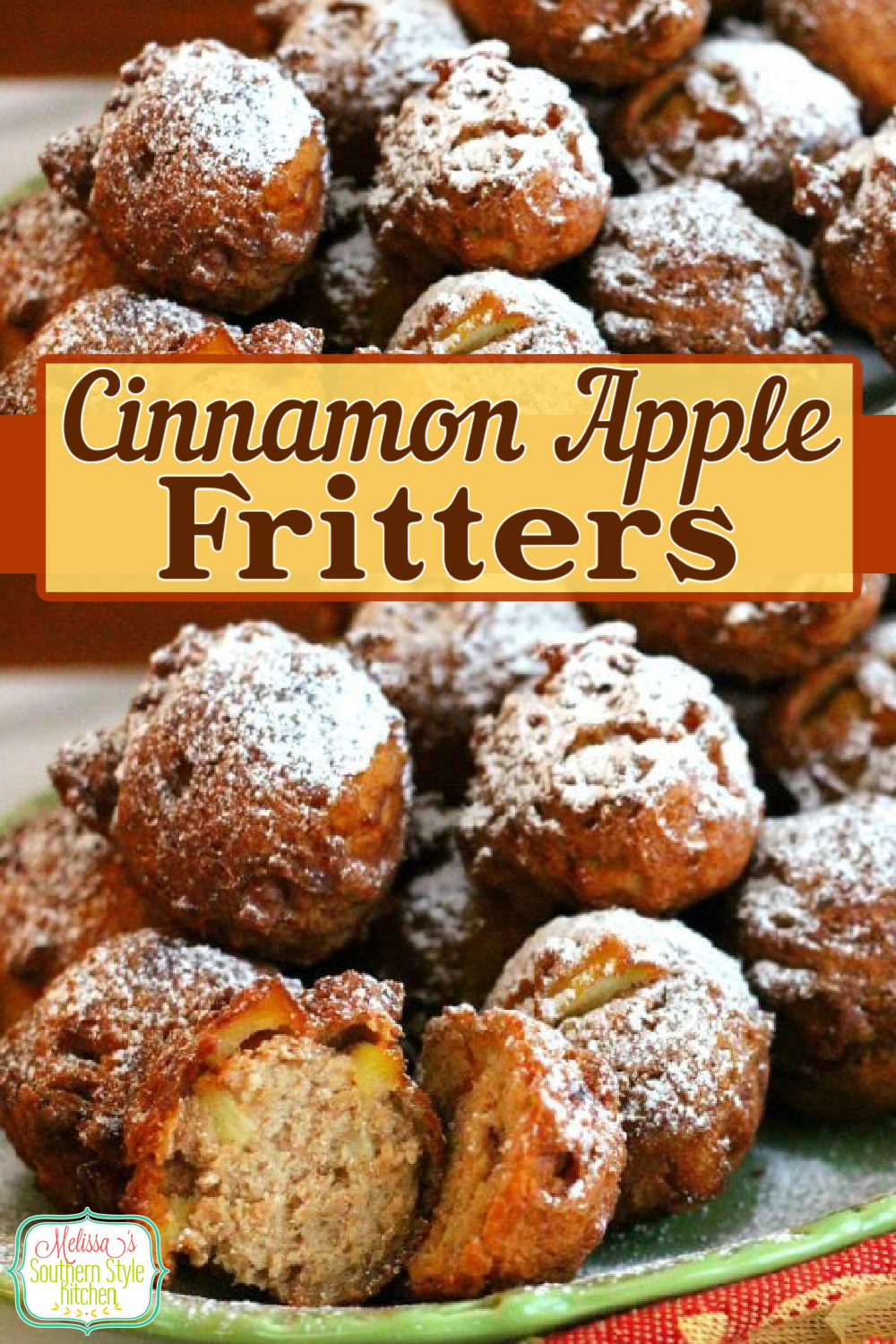 Treat the family to these golden Cinnamon apple Fritters dusted with powdered sugar for breakfast, brunch or dessert #applefritters #appledesserts #apples #fritters @appledonuts #southernrecipes #brunch #desserts #dessertfoodrecipes via @melissasssk