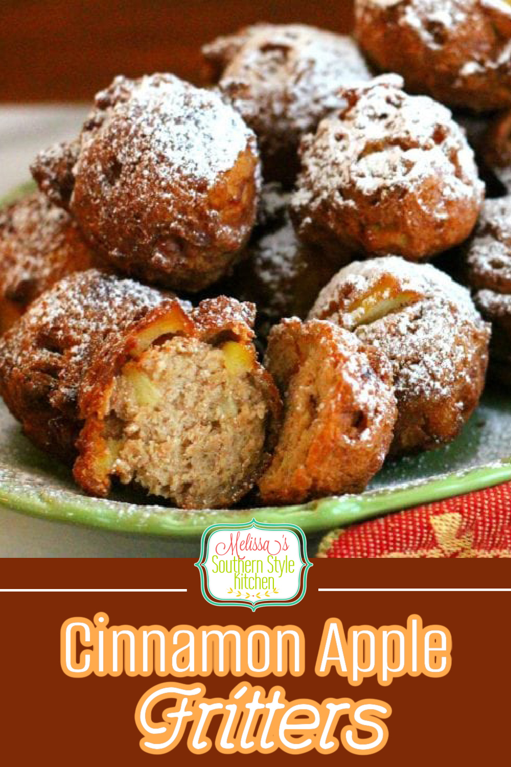 Treat the family to these golden Cinnamon apple Fritters dusted with powdered sugar for breakfast, brunch or dessert #applefritters #appledesserts #apples #fritters @appledonuts #southernrecipes #brunch #desserts #dessertfoodrecipes