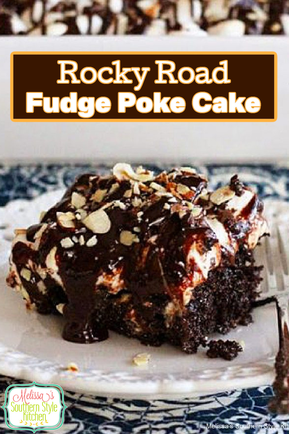 This rich and fudgy Rocky Road Poke Cake will satisfy your chocolate craving with every bite #rockyroad #fudgepokecake #chocolatecakerecipes #chocolatecake #fudgepokecake #pokecakerecipes #cakemixrecipes #southernrecipes #fudgepokecake