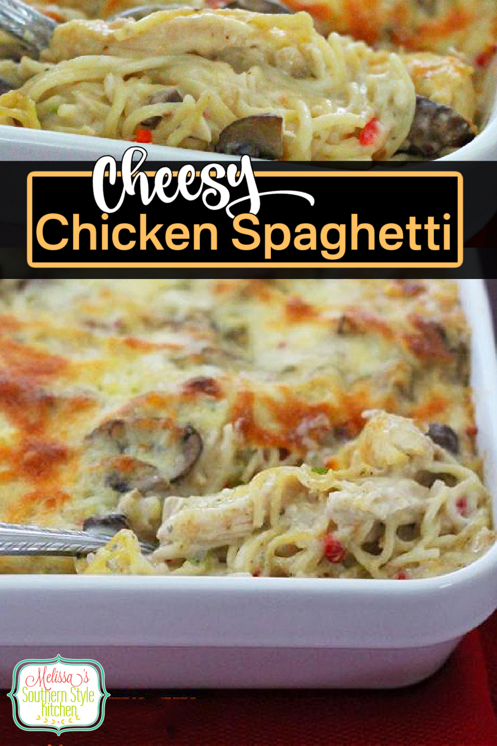 This delicious Cheesy Chicken Spaghetti features a creamy homemade sauce, tender pasta and chicken for a family friendly potluck meal #chickenspaghetti #cheesychickenspaghetti #spaghettirecipes #spaghetti #easychickenrecipes #casseroles #southernstylespaghetti #spaghetticasseroles