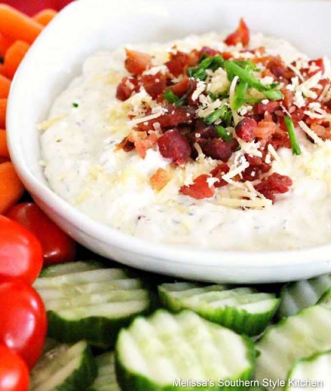 plated Zesty Bacon Parmesan Dip with vegetables