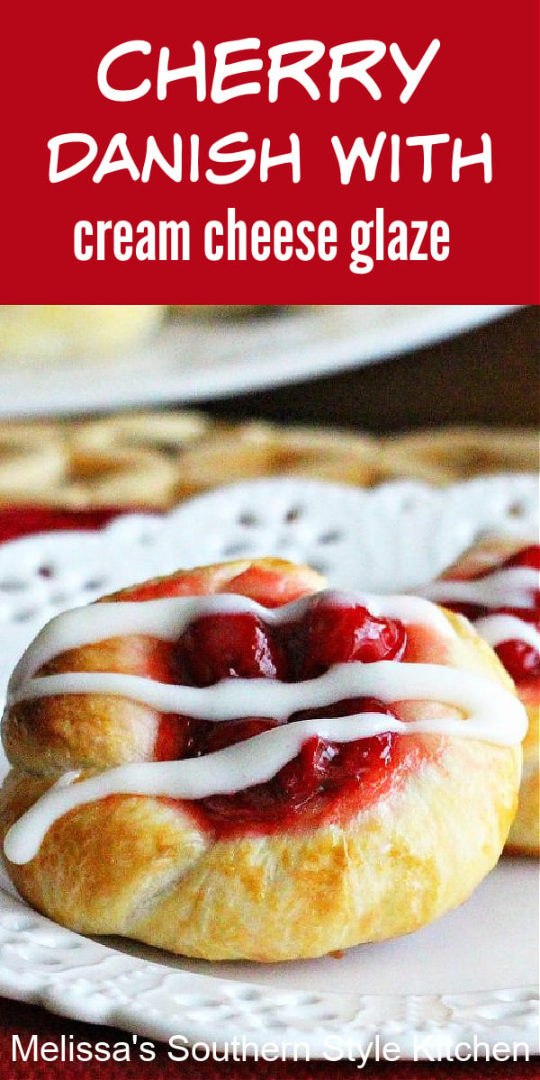 Transform frozen dinner rolls into these oh-so-delicious Cherry Danish with Cream Cheese Glaze #cherrydanish #cherry #cherrydesserts #pastries #brunch #breakfast #holidaybrunch #dinnerrolls #easyrecipes #southernrecipes #southernfood