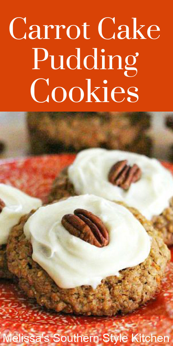 Cream cheese frosted Carrot Cake Pudding Cookies #carrotcake #cookies #puddingcookies #easterdesserts #carrotcakecookies #desserts #dessertfoodrecipes #southernfood #southernrecipes #melissassouthernstylekitchen