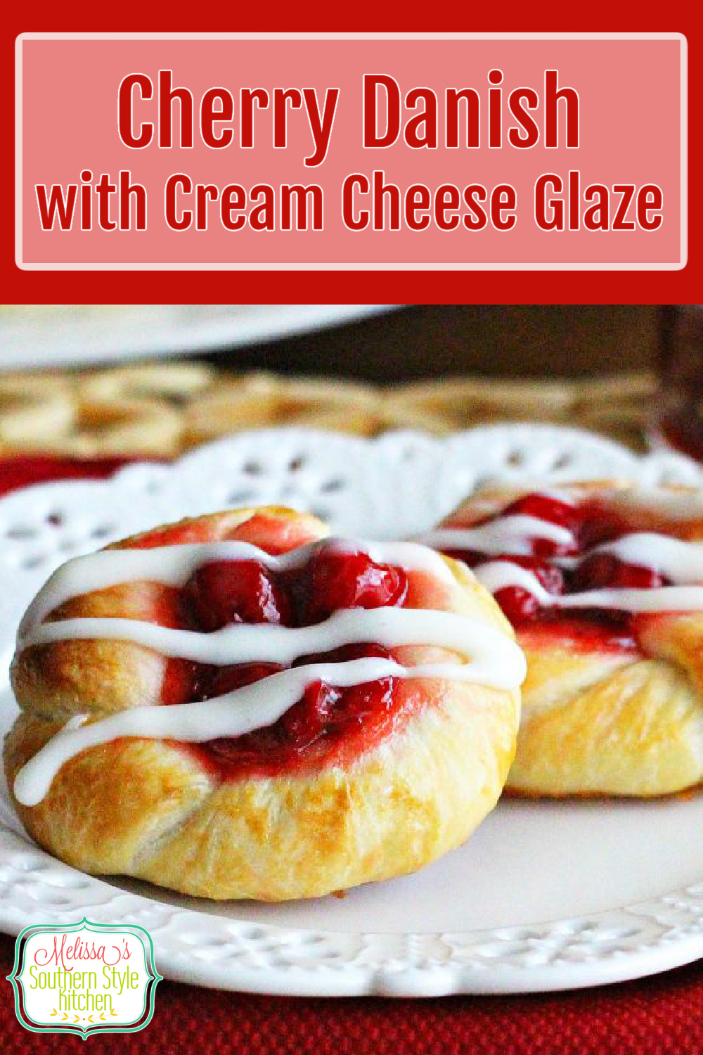 Transform frozen dinner rolls into these oh-so-delicious Cherry Danish with Cream Cheese Glaze #cherrydanish #cherry #cherrydesserts #pastries #brunch #breakfast #holidaybrunch #dinnerrolls #easyrecipes #southernrecipes #southernfood via @melissasssk
