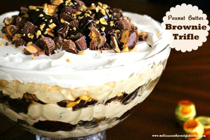 Peanut Butter Brownie Trifle in a glass bowl