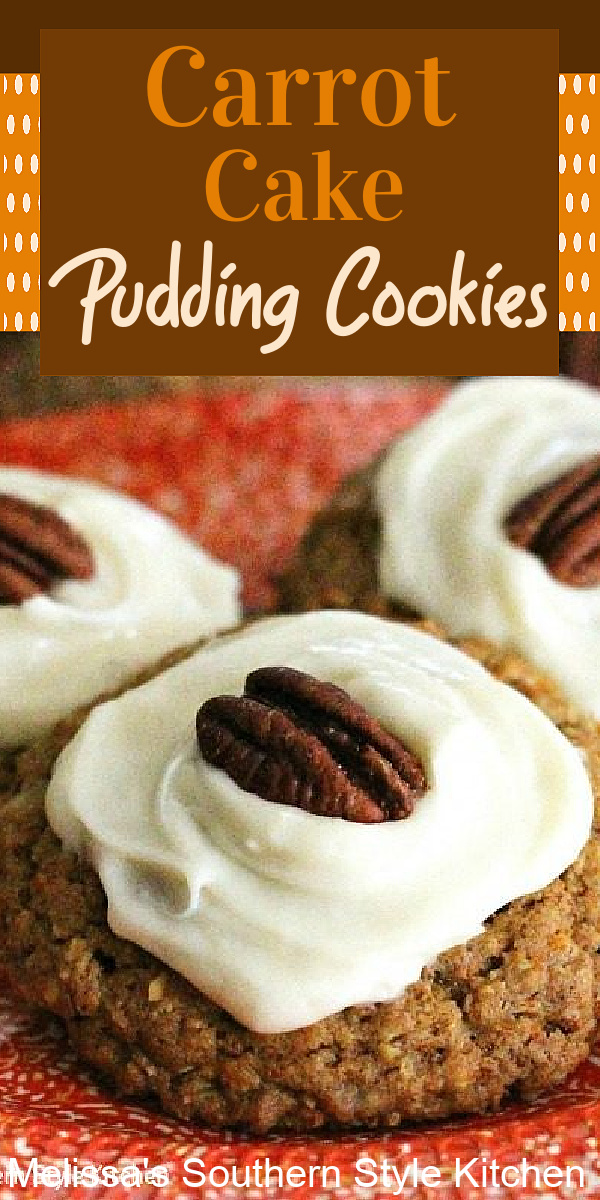 Cream cheese frosted Carrot Cake Pudding Cookies #carrotcake #cookies #puddingcookies #easterdesserts #carrotcakecookies #desserts #dessertfoodrecipes #southernfood #southernrecipes #melissassouthernstylekitchen