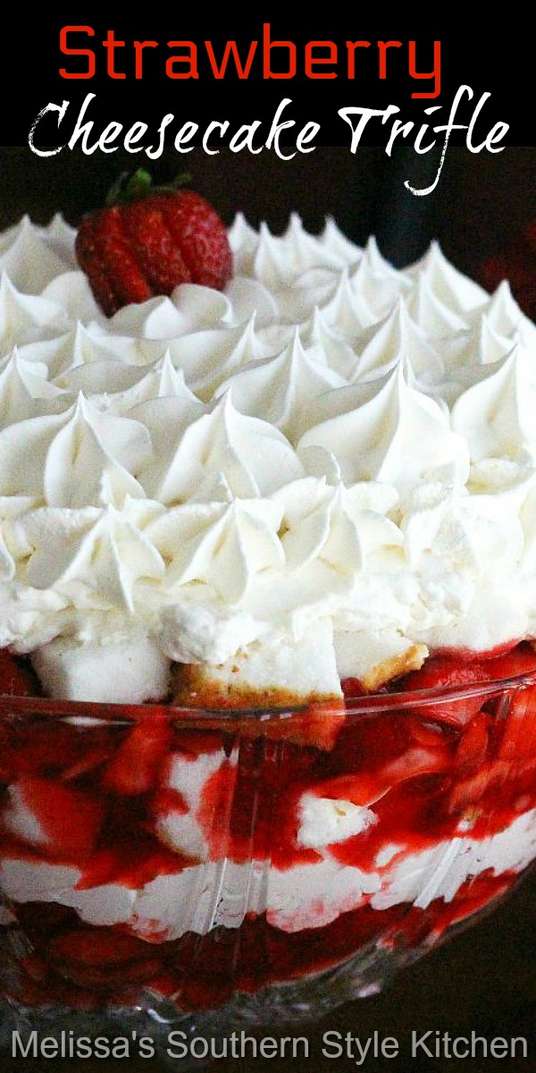 This Strawberry Cheesecake Trifle will make a stunning addition to your special occasion desserts menu. #strawberrytrifle #strawberrycheesecake #strawberrytrifle #triflerecipes #desserts #dessertfoodrecipes #southernfood #holidayrecipes #mothersday #easter #christmasrecipes #southernrecipes via @melissasssk