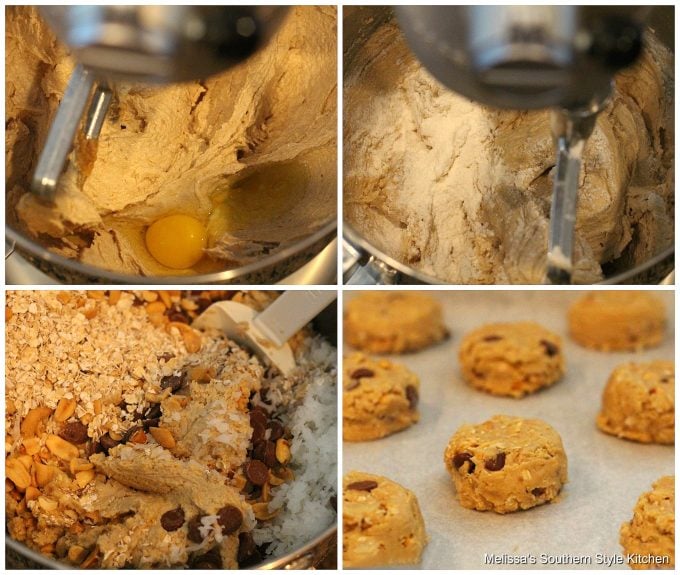 Step-by-step preparation images and ingredients for cowboy cookies