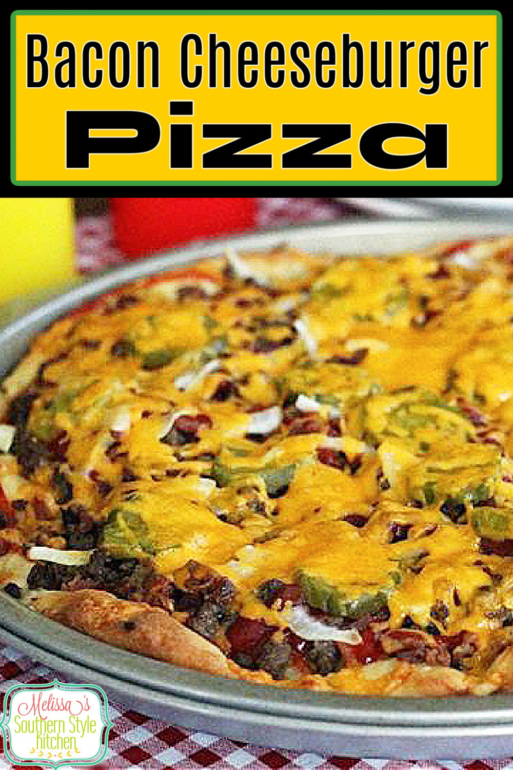 Skip the buns and make this Bacon Cheeseburger Pizza for dinner, instead #baconcheeseburgerpizza #cheeseburgers #baconcheeseburgers #pizzarecipes #baconrecipes #dinnerideas #30minutemeals #easygroundbeefrecipes #southernfood #southernrecipes via @melissasssk