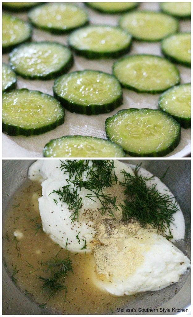 cucumber slices on paper towels and dressing ingredients in a bowl
