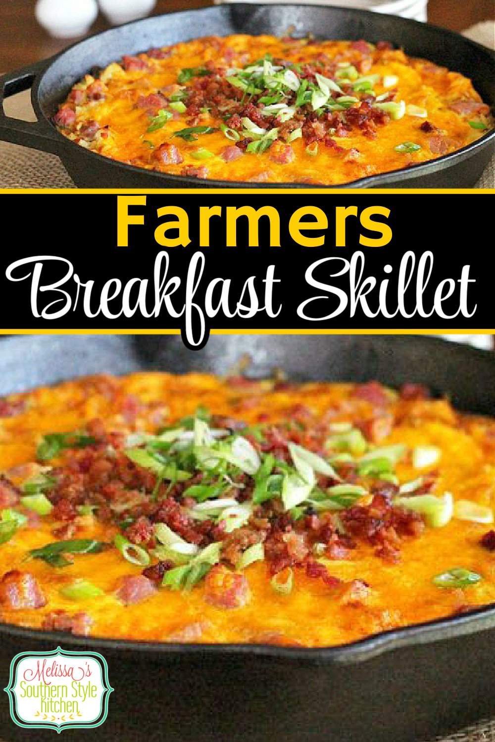 Start your morning with this cheesy skillet filled with ham, eggs and hash browns #farmersbreakfastskillet #eggs #baconandeggs #hahsbrowns #farmersbreakfast #brunchrecipes #breakfast #southernfood #southernrecipes #bacon #holidaybrunch #castironrecipes via @melissasssk