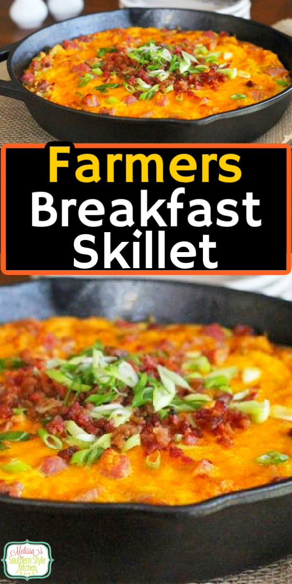 Start your morning with this cheesy skillet filled with ham, eggs and hash browns #farmersbreakfastskillet #eggs #baconandeggs #hahsbrowns #farmersbreakfast #brunchrecipes #breakfast #southernfood #southernrecipes #bacon #holidaybrunch #castironrecipes via @melissasssk