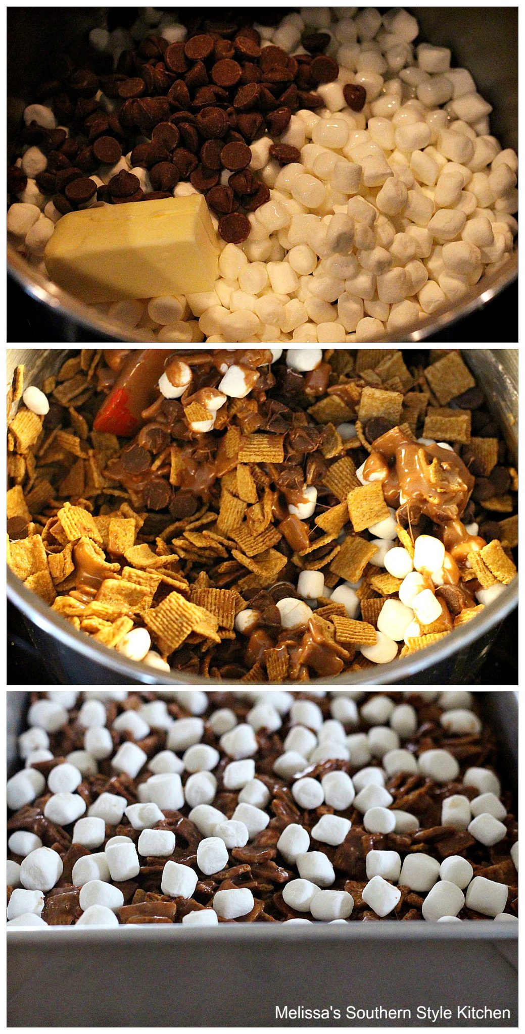step-by-step images and ingredients to make s'mores cereal bars
