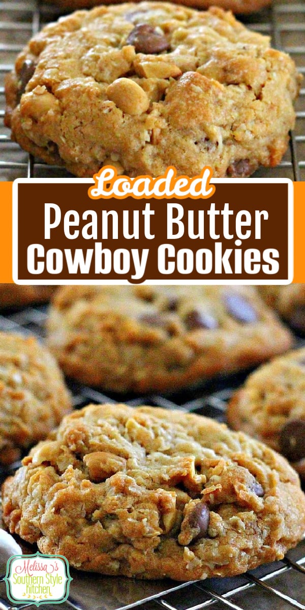 These loaded-up jumbo Peanut Butter Cowboy Cookies are impossible to resist #cowboycookies #peanutbuttercookies #cookierecipes #cookies #chocolatechips #peanuts #holidaybaking #holidays #desserts #dessertfoodrecipes #peanutbutter #southernfood #southernrecipes via @melissasssk