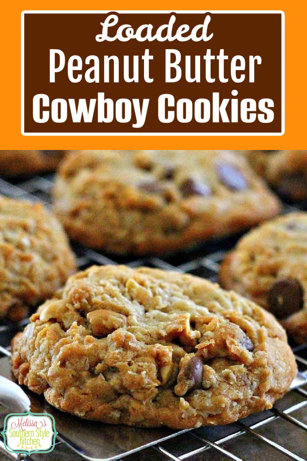 These loaded-up jumbo Peanut Butter Cowboy Cookies are impossible to resist #cowboycookies #peanutbuttercookies #cookierecipes #cookies #chocolatechips #peanuts #holidaybaking #holidays #desserts #dessertfoodrecipes #peanutbutter #southernfood #southernrecipes via @melissasssk