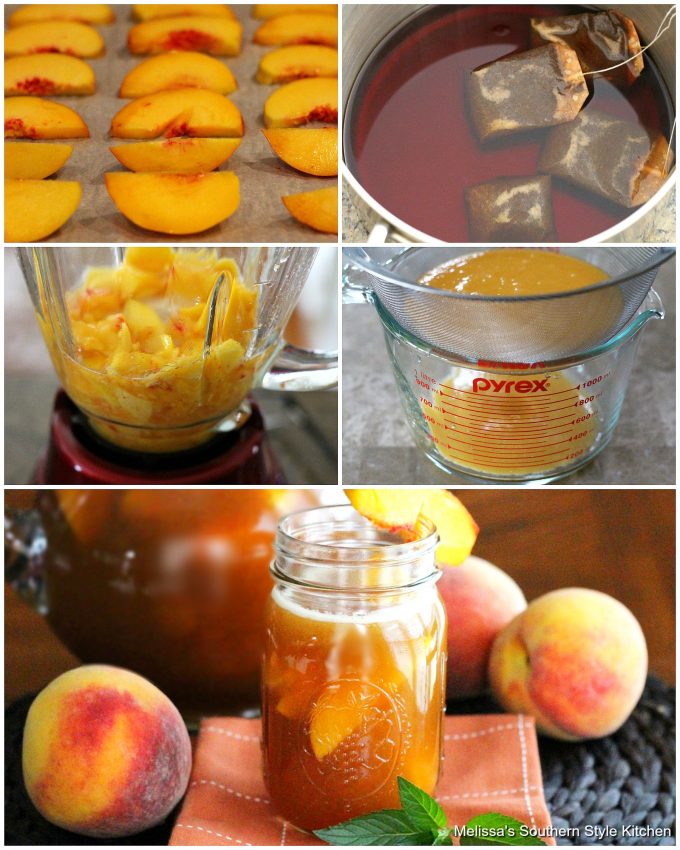 Step-by-step preparation images and ingredients to make fresh peach iced tea