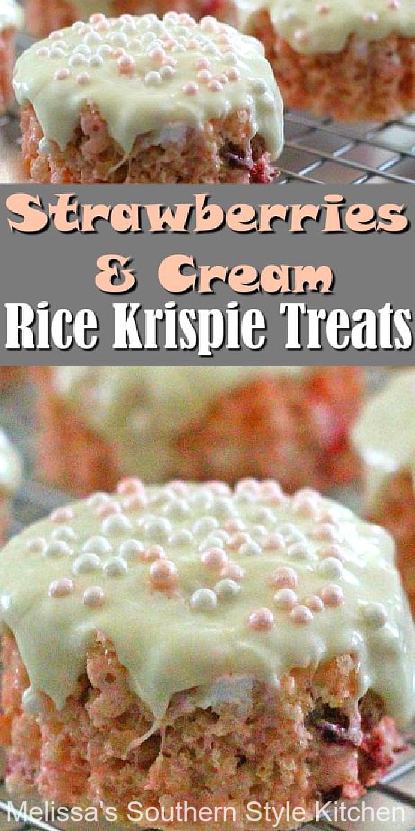 Sweet Strawberries and Cream Rice Krispies Treats will upgrade your next batch of rice krispies treats. #strawberryricekrispietreats #ricekrispietreats #strawerryhies #strawberriesandcream #easyrecipes #desserts #dessertfoodrecipes #southernrecipes #strawberry via @melissasssk
