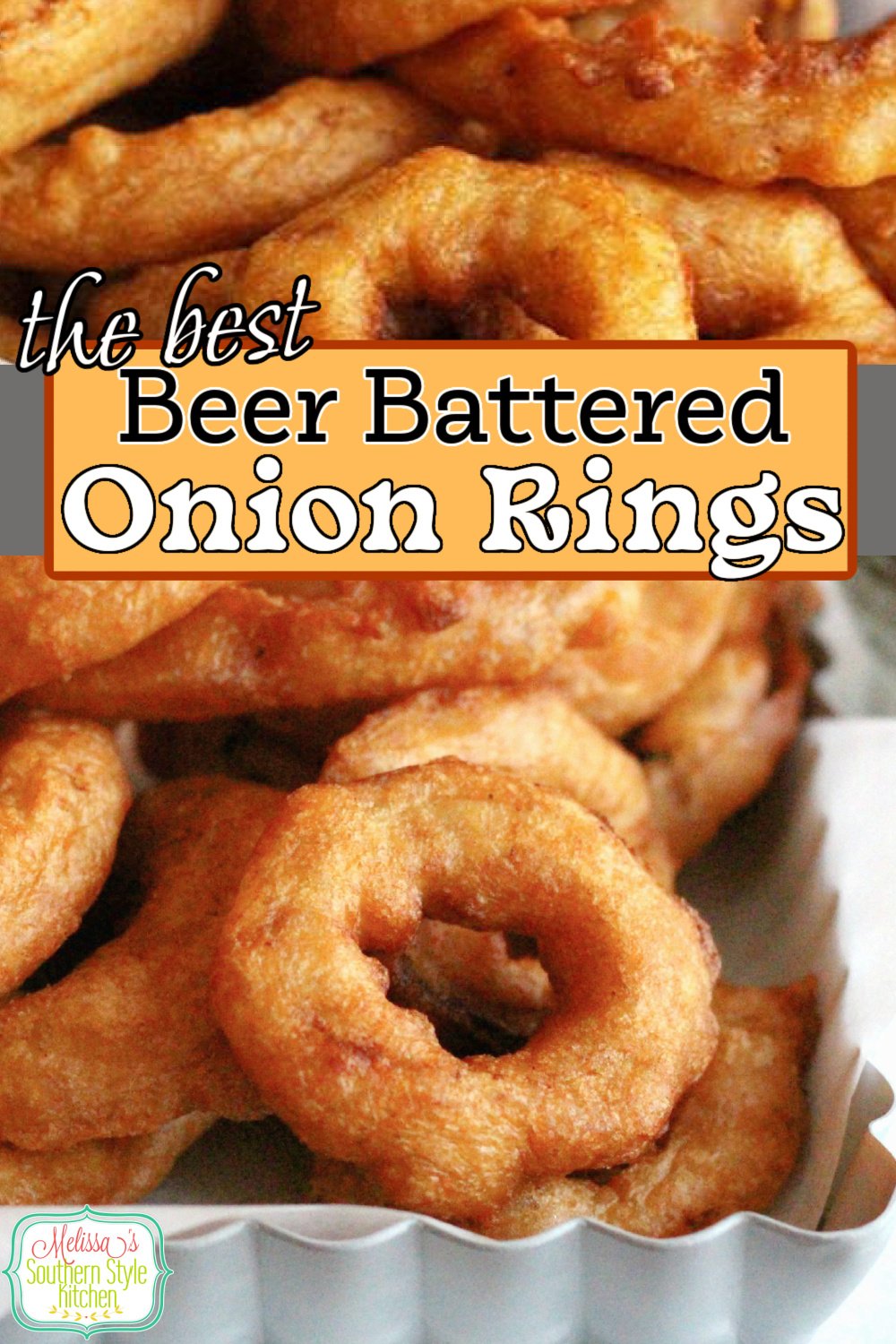 Serve these crispy Beer Battered Onion Rings as an appetizer, piled high on a burger or as a side dish #onionrings #deepfriedonionrings #beerbatteredonionrings #beer #beerbatter #onions #appetizers #partyfood #footballfood #sidedish #southernfood #southernrecipes