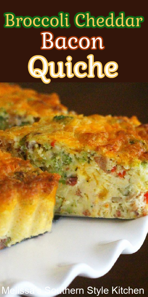 This cheesy Broccoli Cheddar Bacon Quiche makes its own crust while it bakes #broccoliquiche #broccolicheddar #quicherecipes #bestquicherecipes #broccolicheddarbaconqiuche #cheddar #brunch #breakfast #lunch #dinner #southernrecipes
