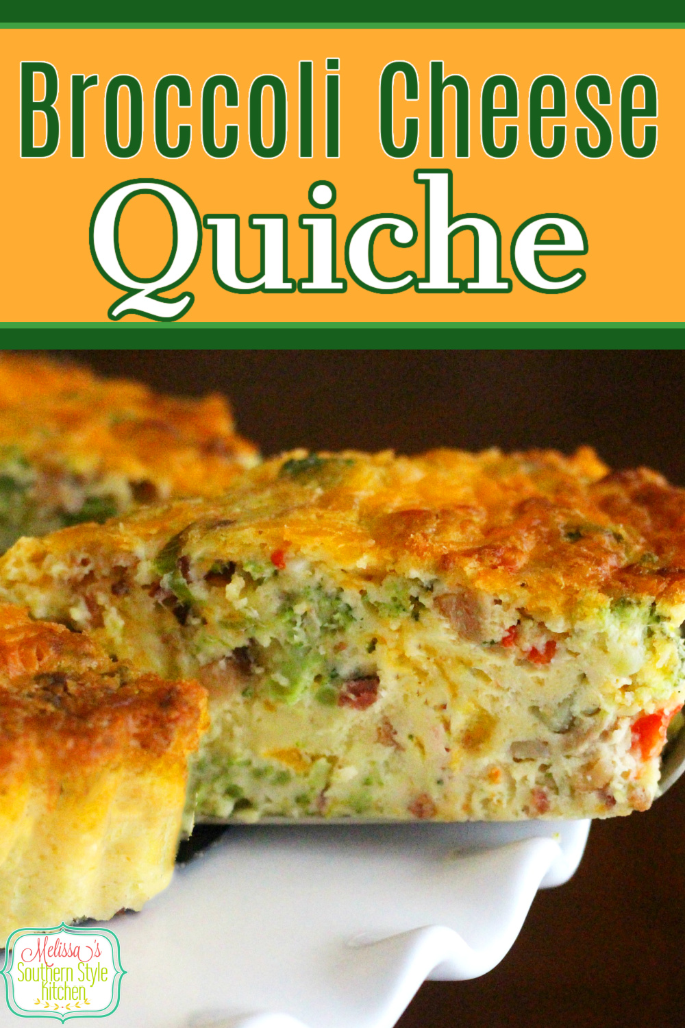 This easy Broccoli Cheese Quiche with Bacon magically forms its own crust while it bakes! #broccoliquiche #broccolicheddar #quicherecipes #bestquicherecipes #broccolicheddarbaconqiuche #cheddar #brunch #breakfast #lunch #dinner #southernrecipes via @melissasssk